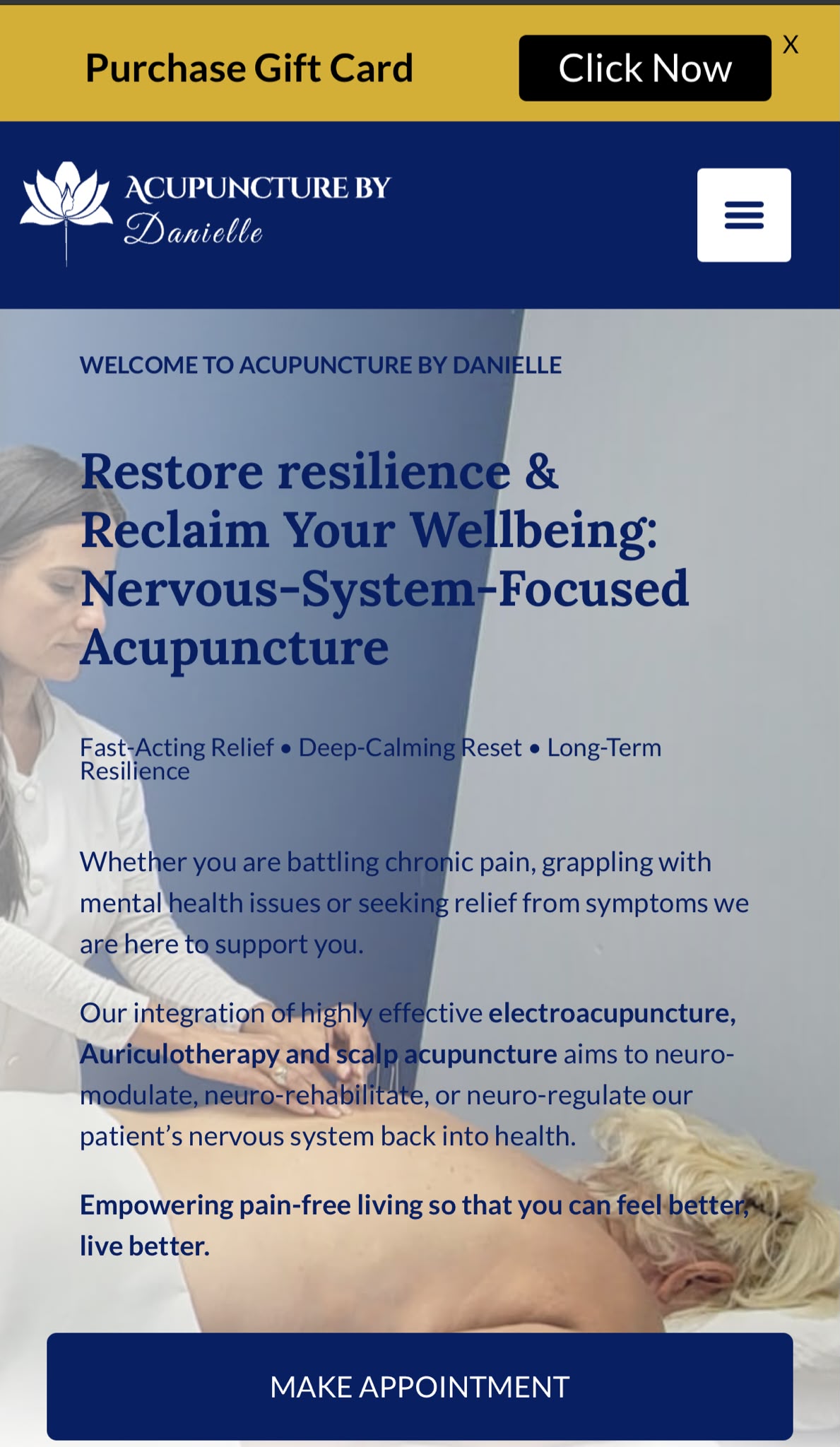 The same Acupuncture by Danielle homepage on mobile, reflowed to a single column